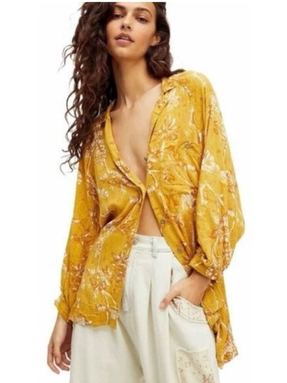 Free People We The Free Goldenrod Mustard It’s‎ A Vibe Button Down Size Medium